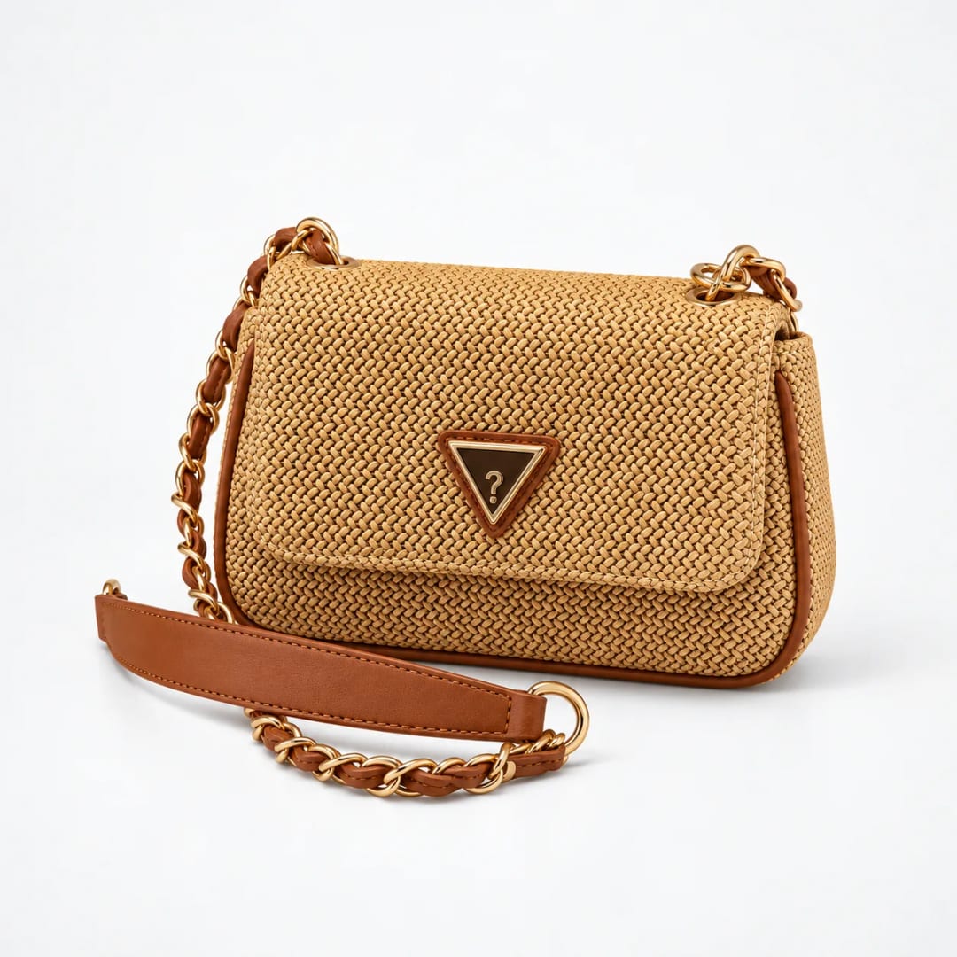 Guess Raffia Mini Flap Crossbody Bag Tan Cognac