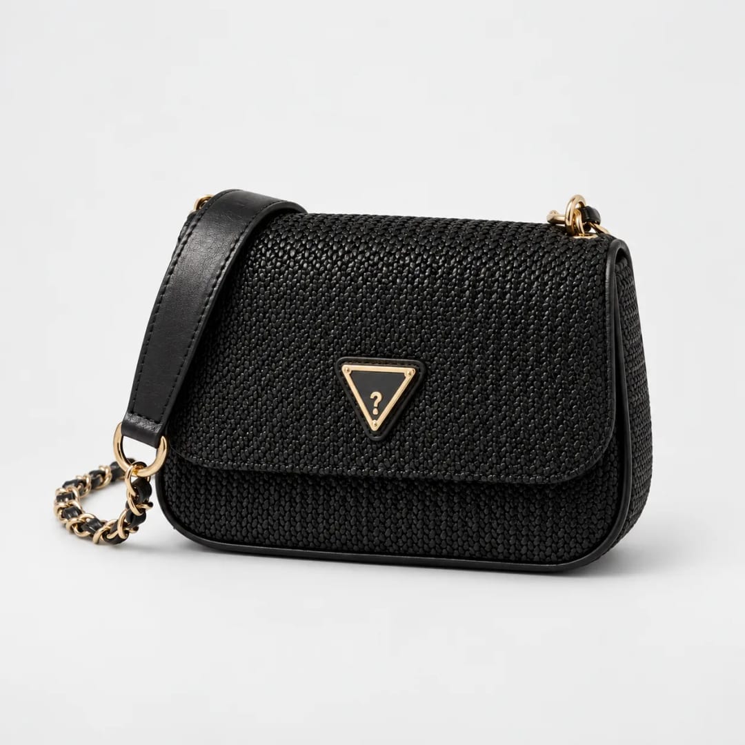 Guess Raffia Mini Flap Crossbody Bag Black