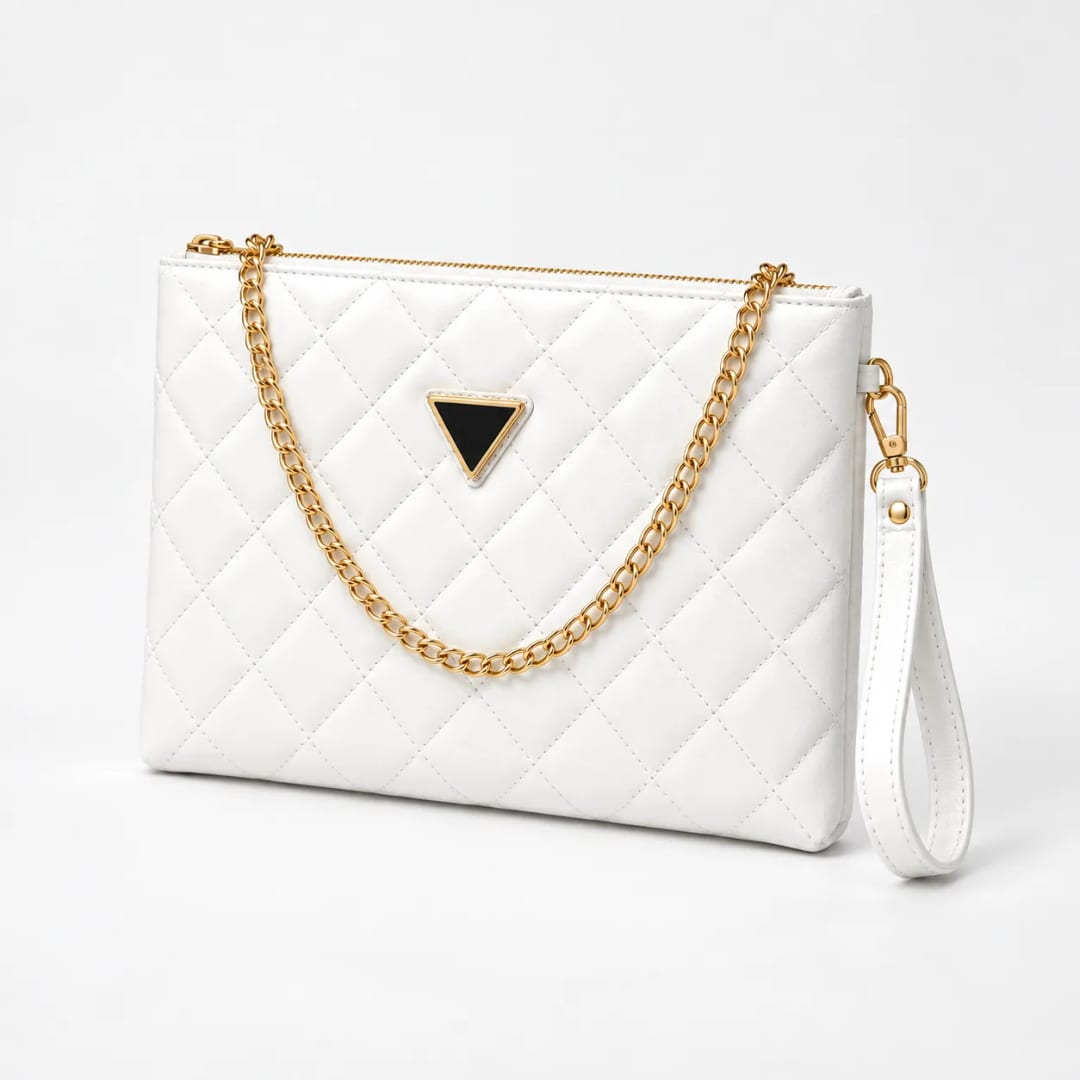 Guess Quilted Puffer Chain Clutch Bag White