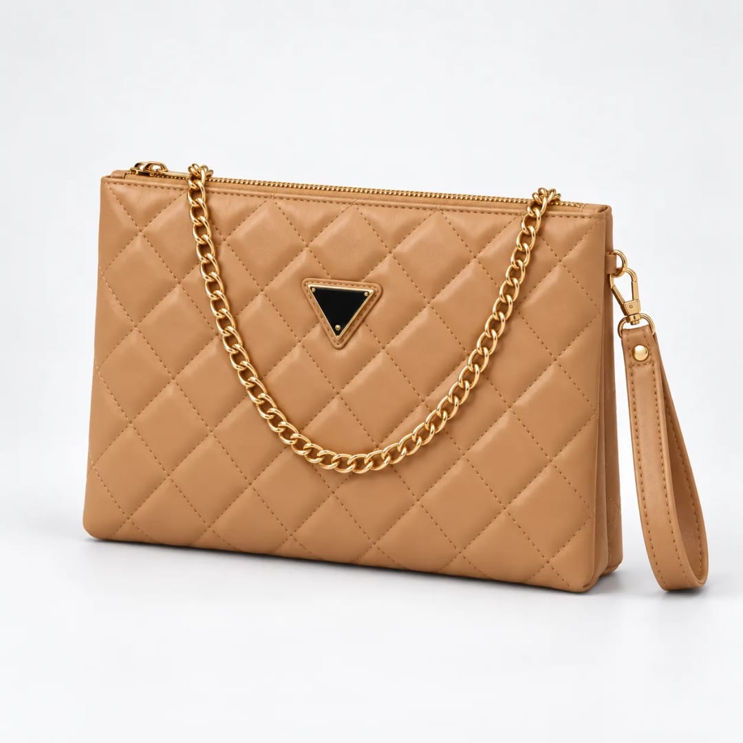 Guess Quilted Puffer Chain Clutch Bag Light Brown