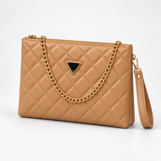 Guess Quilted Puffer Chain Clutch Bag Light Brown