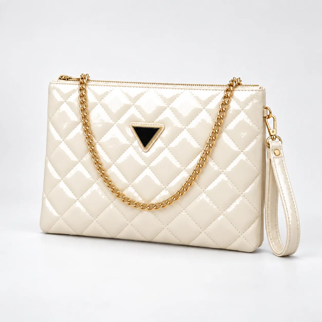 Guess Quilted Puffer Chain Clutch Bag Cream
