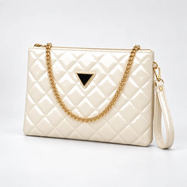 Guess Quilted Puffer Chain Clutch Bag Cream