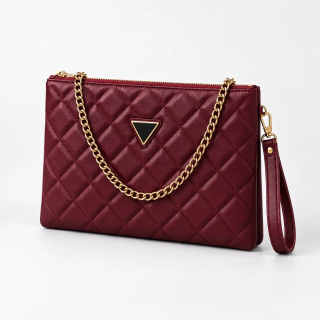 Guess Quilted Puffer Chain Clutch Bag Burgundy