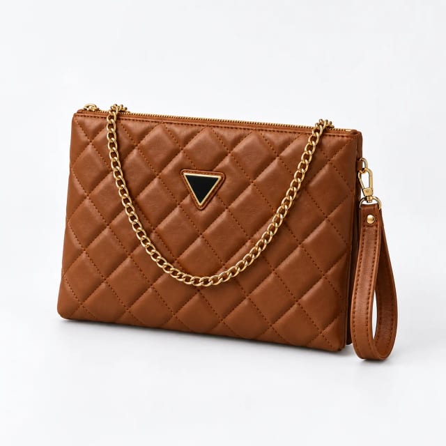 Guess Quilted Puffer Chain Clutch Bag Brown