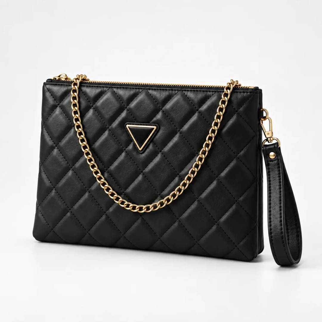 Guess Quilted Puffer Chain Clutch Bag Black