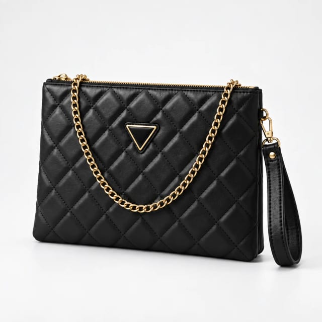 Guess Quilted Puffer Chain Clutch Bag Black