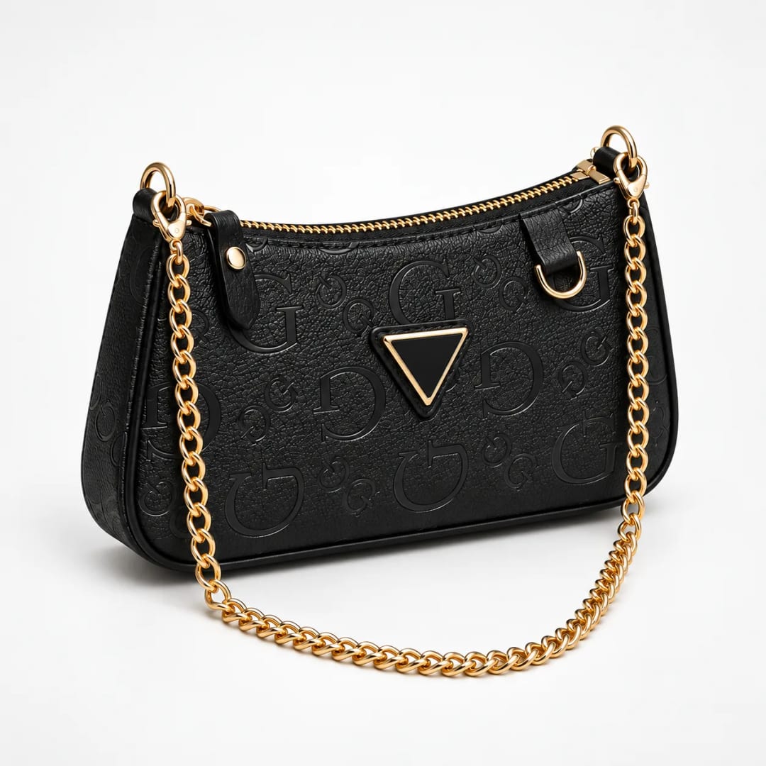 Guess G Cube Embossed Chain Baguette Bag Black
