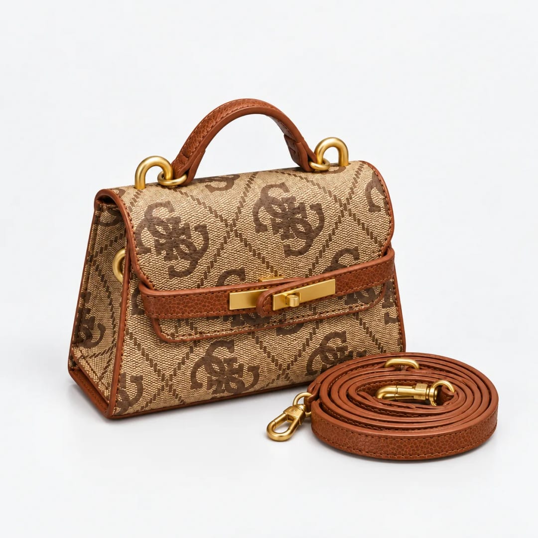 Guess 4G Logo Mini Top Handle Flap Bag Brown