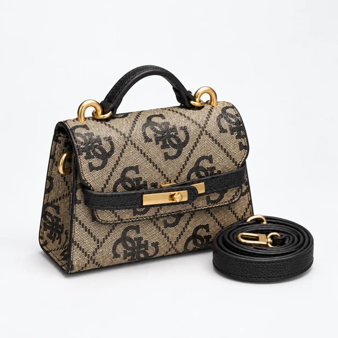 Guess 4G Logo Mini Top Handle Flap Bag Beige Black