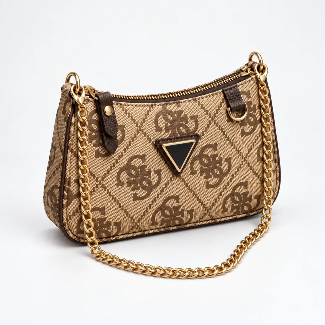 Guess 4G Logo Chain Baguette Bag Beige Brown
