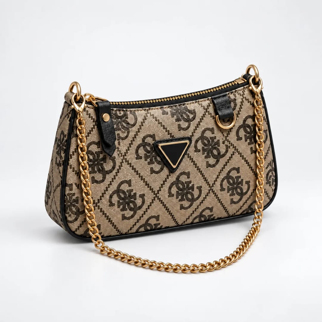 Guess 4G Logo Chain Baguette Bag Beige Black