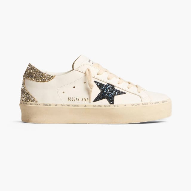 Golden Goose Hi Star Blue Glitter Star Platinum Glitter Heel