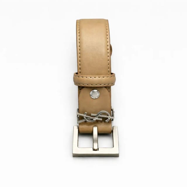 Saint Laurent Cassandre Thin Belt in Smooth Leather – Bej